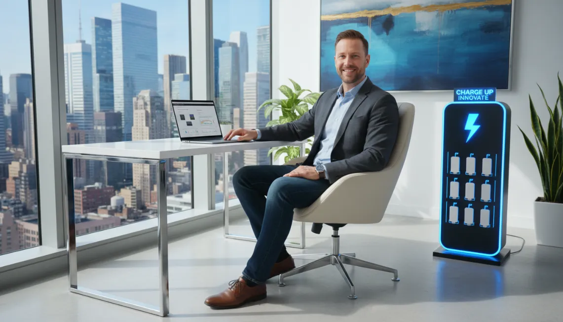 Businessman smiling at the power bank rental performance dashboard with a charging station nearby