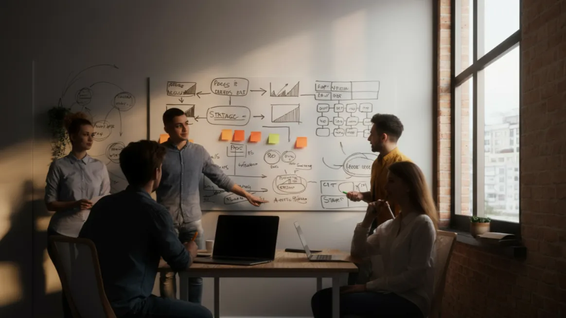 Team brainstorming business models for online store