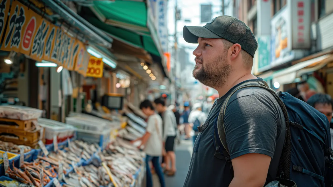 Person observing local commerce in a crowded market
