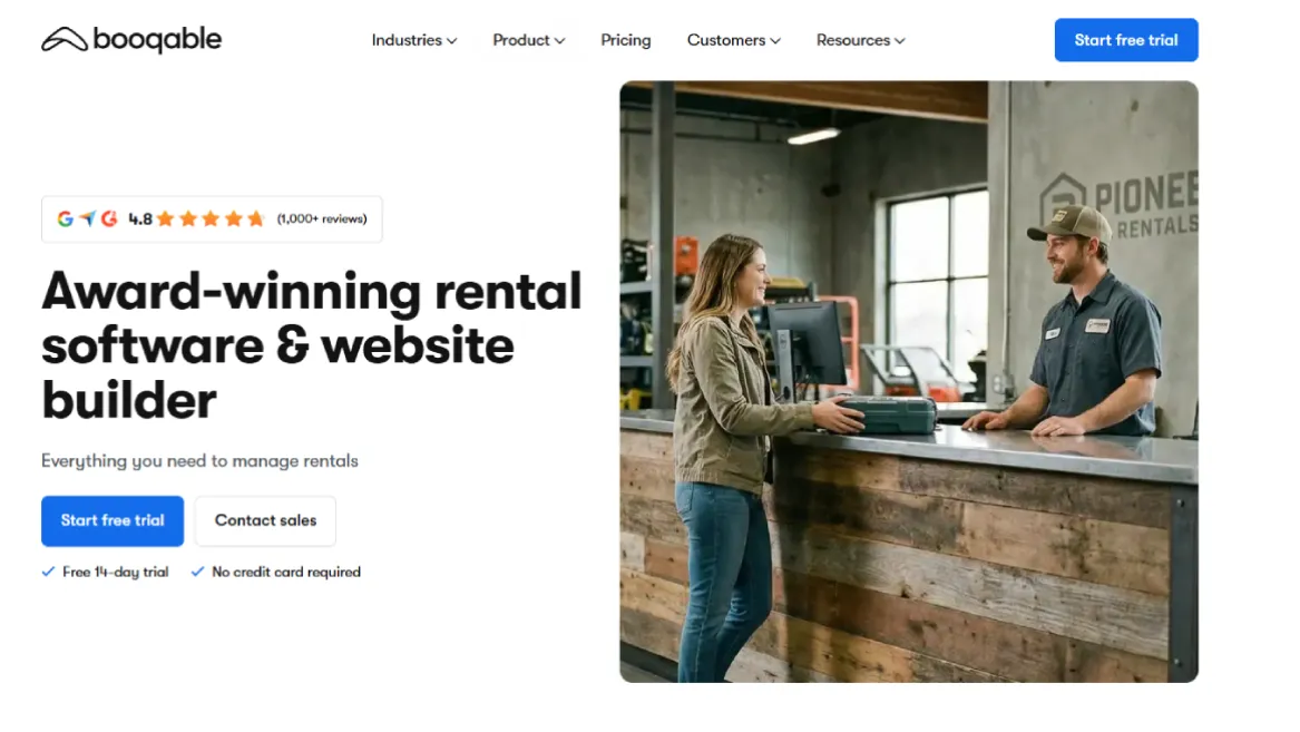 Booqable homepage promoting rental software and website builder