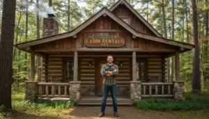Cabin rental owner posing in front of His Cabin
