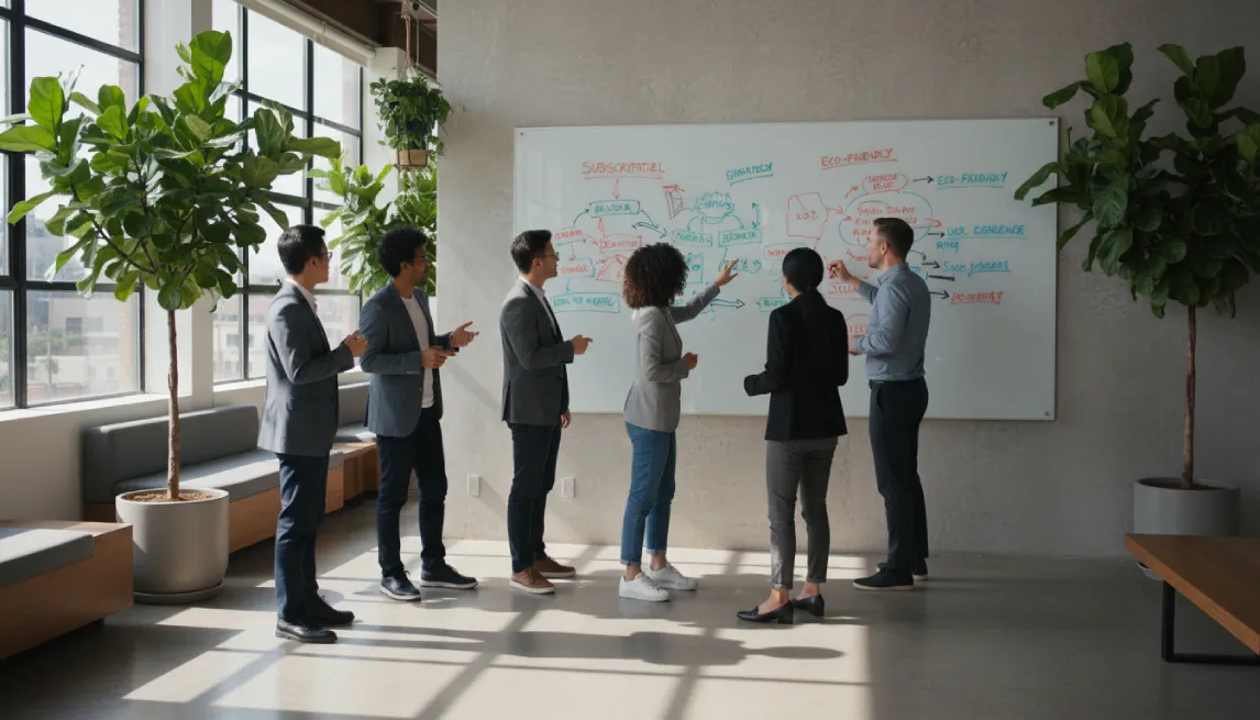 Team brainstorming cabin rental business model on whiteboard