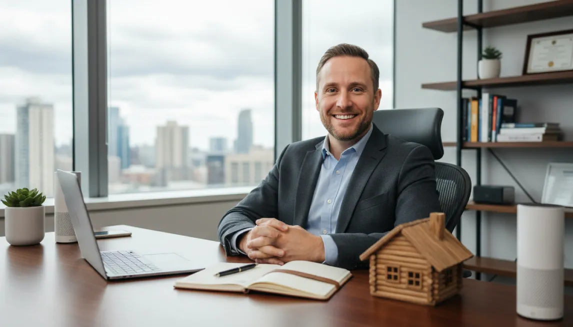 Cabin rental entrepreneur reviewing notes in an office setting
