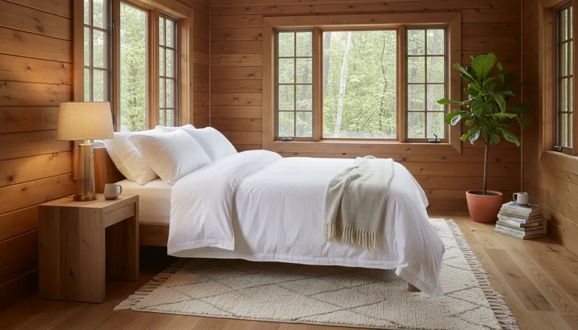 Rustic guest-ready cabin interior with wooden walls and soft bedding