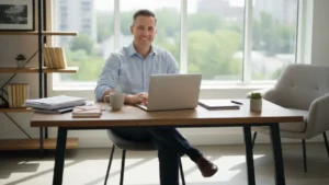 Rental business owner handling booking tasks at the desk