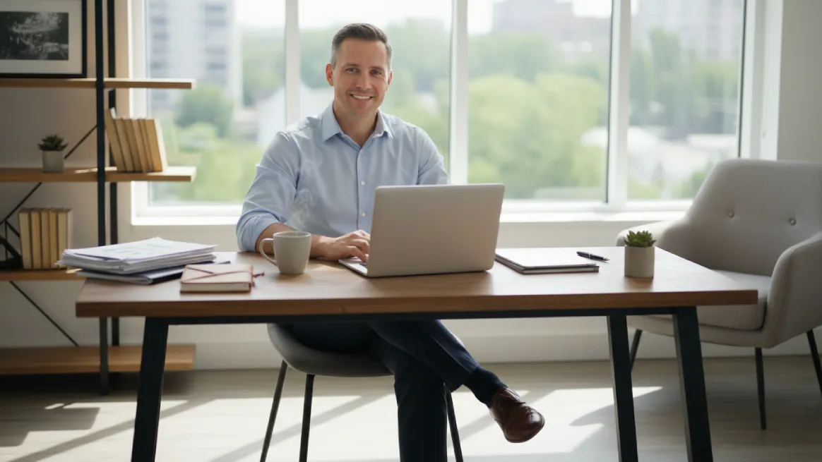 Rental business owner handling booking tasks at the desk