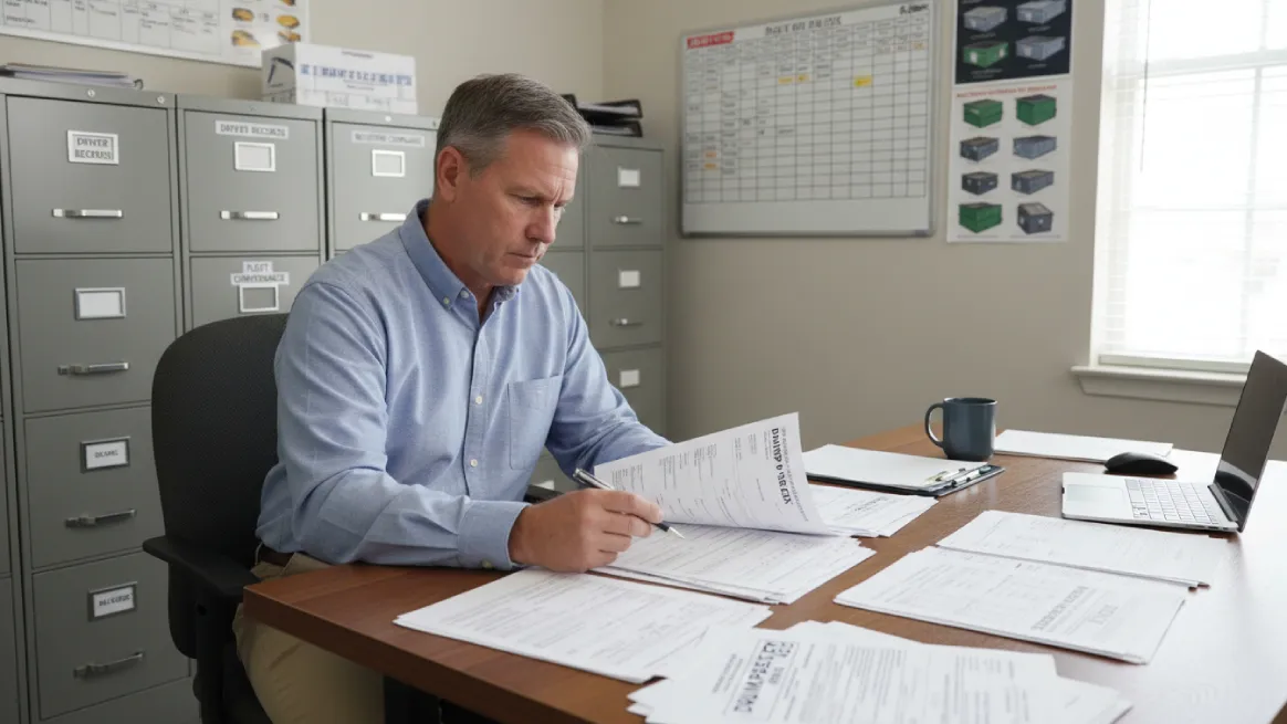 Dumpster rental owner reviewing CDL compliance paperwork