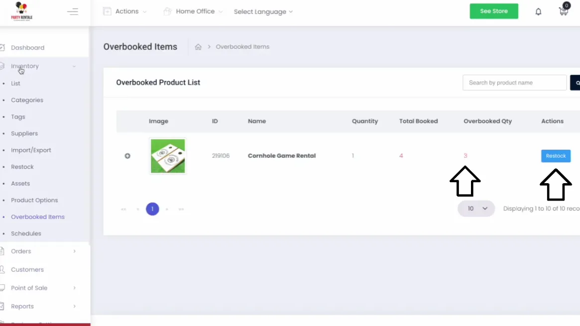 Screenshot of rental inventory dashboard showing restock option for overbooked item