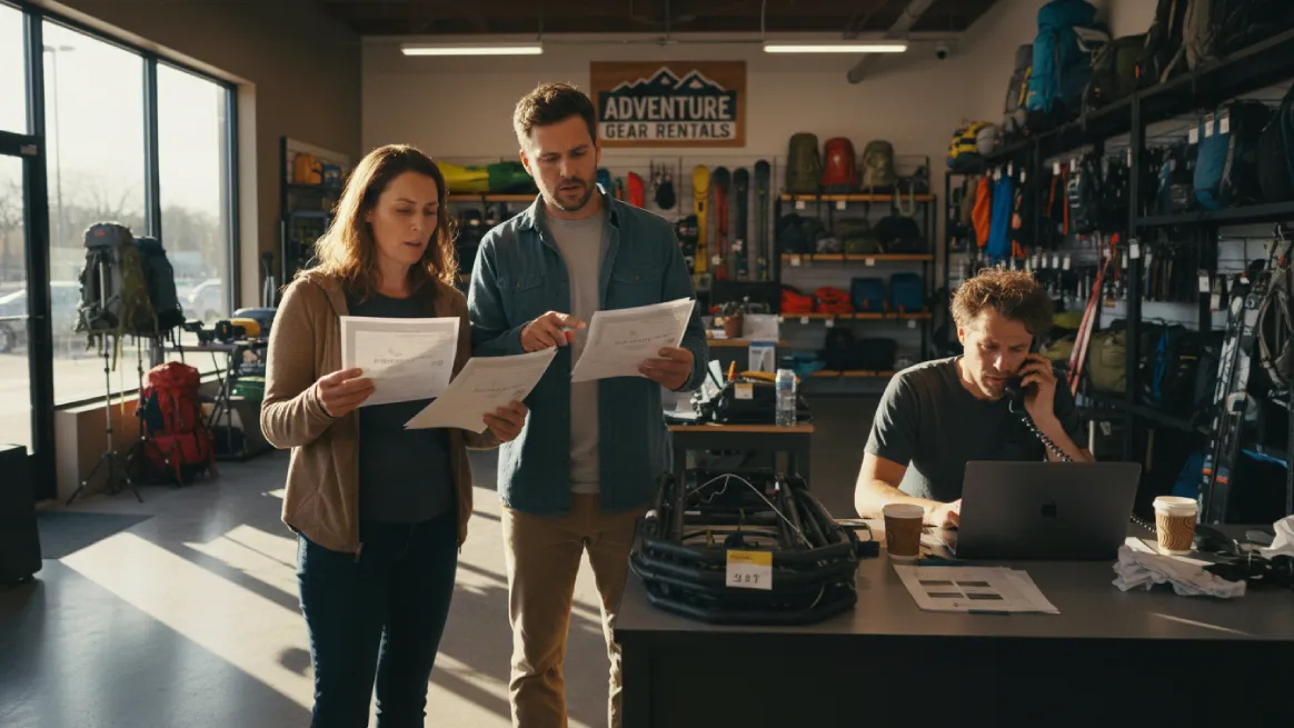 Rental crew handling booking chaos with tense customer interaction