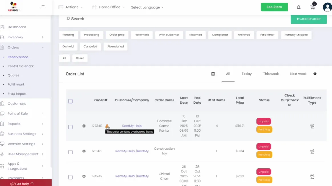 Order management interface highlighting overbooking warning for rental item