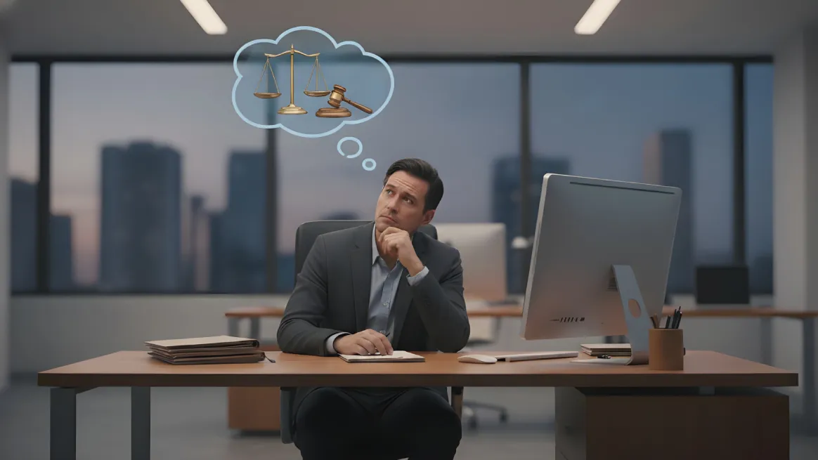 Man contemplating the legality of rental overbooking in an office setting