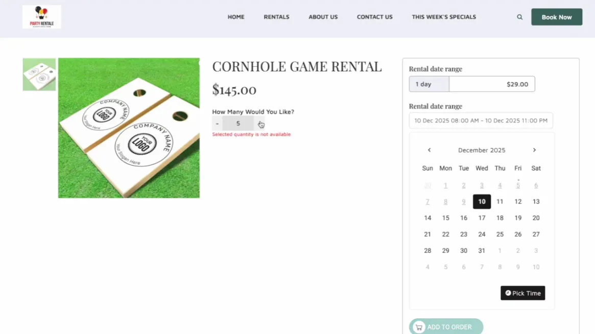 Screenshot showing unavailable quantity alert in rental booking interface
