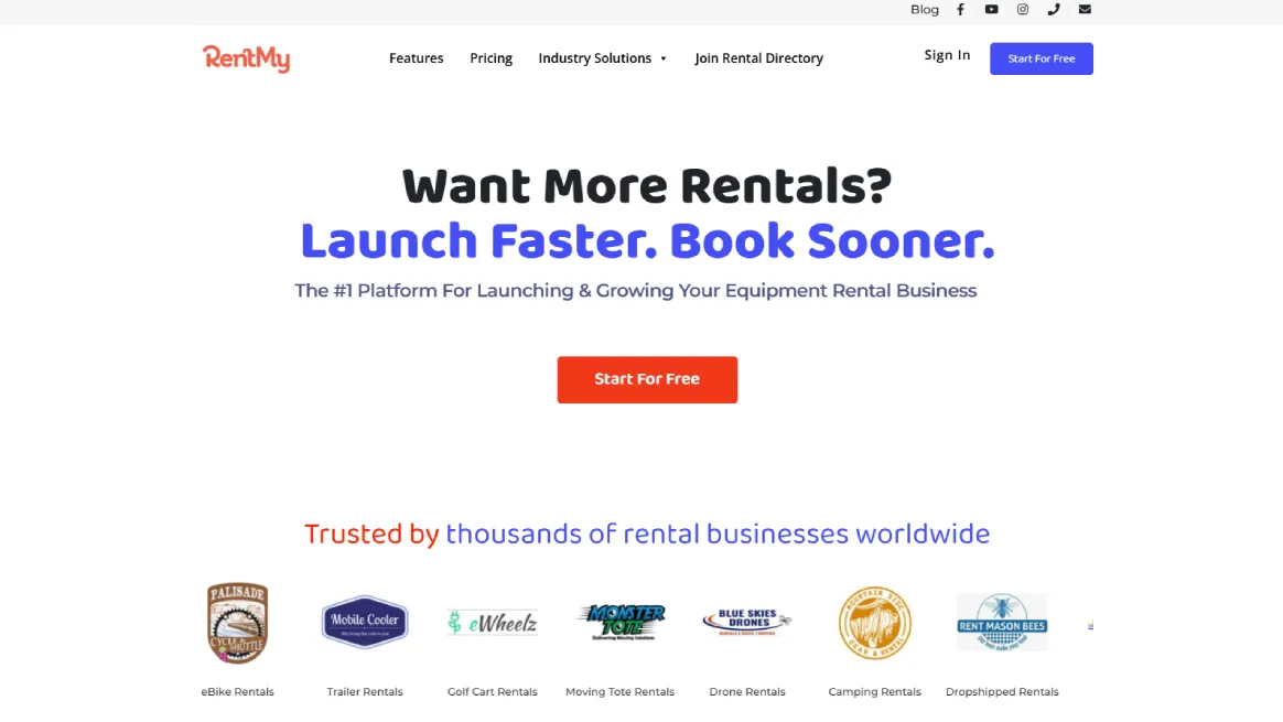 Homepage of RentMy ski rental software platform