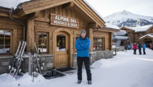 Winter gear and skis displayed at ski rental lodge
