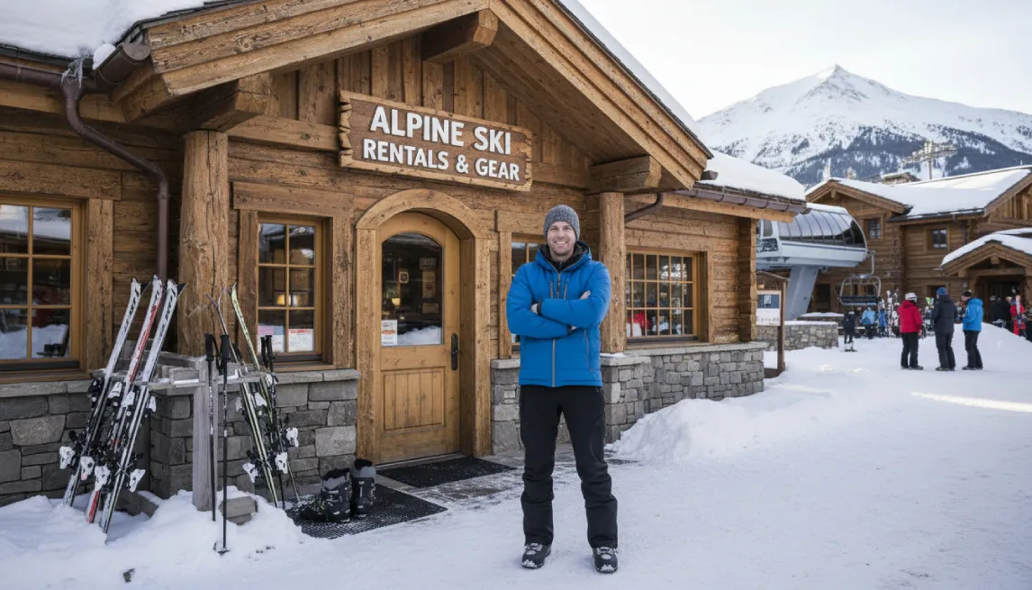 Winter gear and skis displayed at ski rental lodge