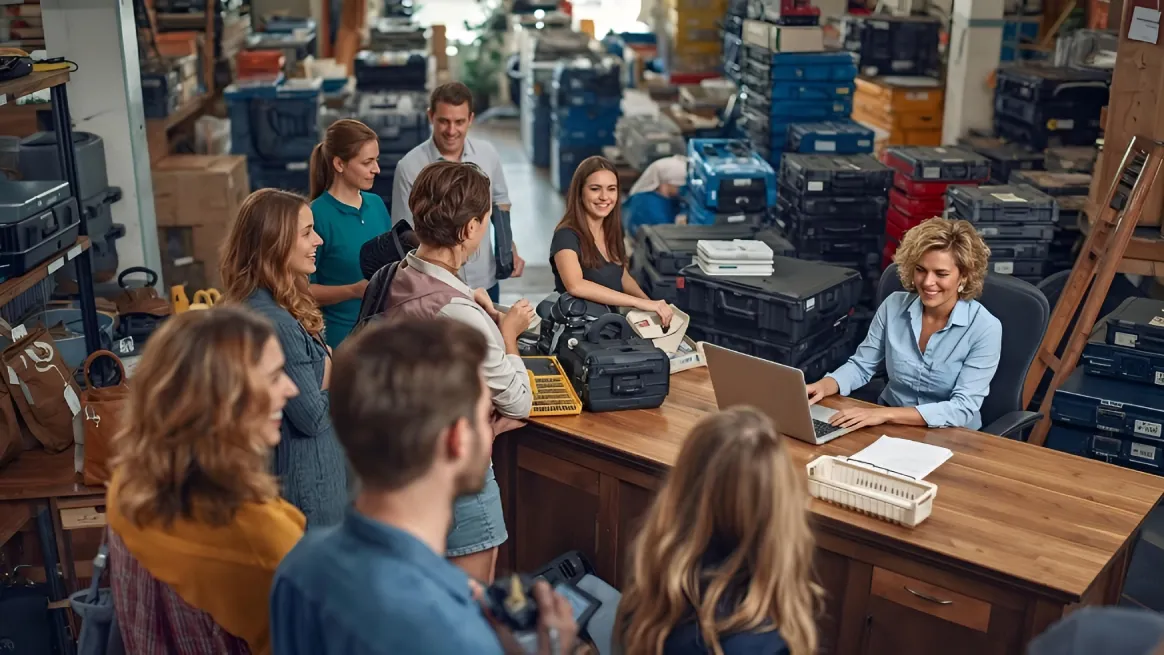 Rental crew managing overbooking smoothly in the storage office