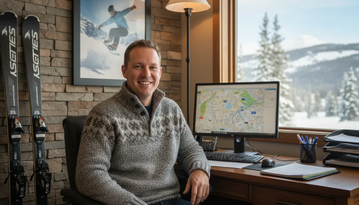 Smiling ski rental owner working at mountain office desk