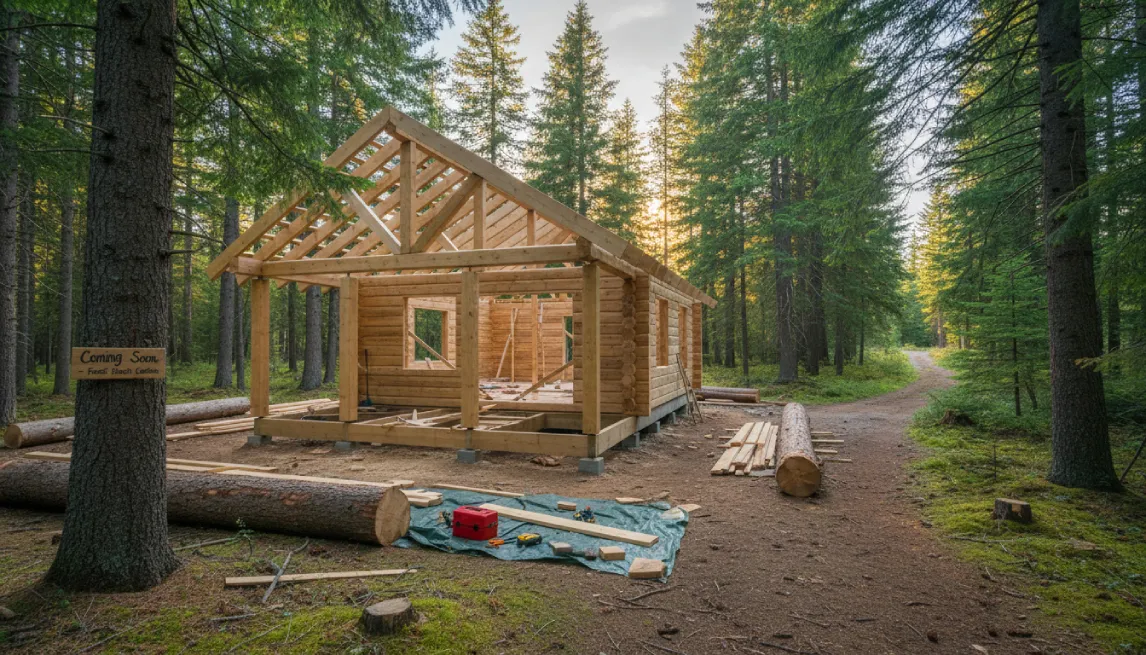 Log cabin framework being built for rental business