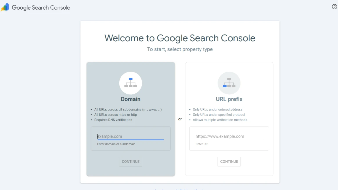Google Search Console add website property screen for rental indexing