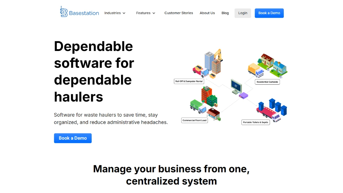 Screenshot of Basestation website homepage for dumpster rental software