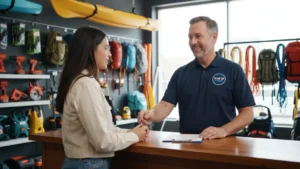 Owner receiving signed rental liability waiver at counter