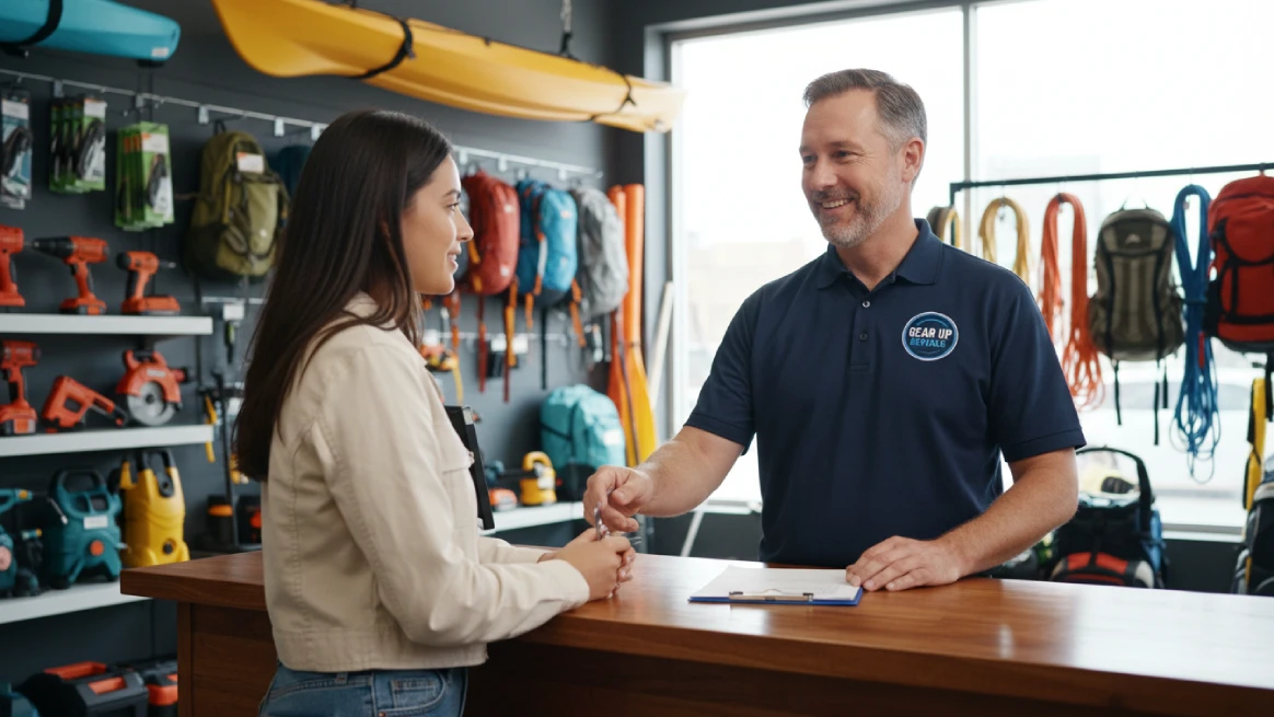 Owner receiving signed rental liability waiver at counter