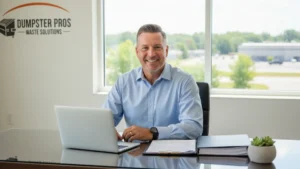 Dumpster rental business owner seated with laptop