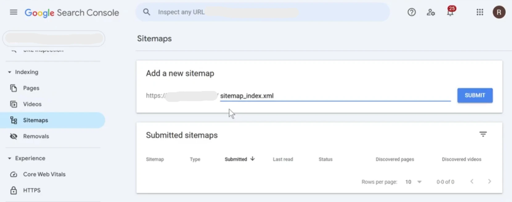 Google Search Console screen to enter rental website sitemap link