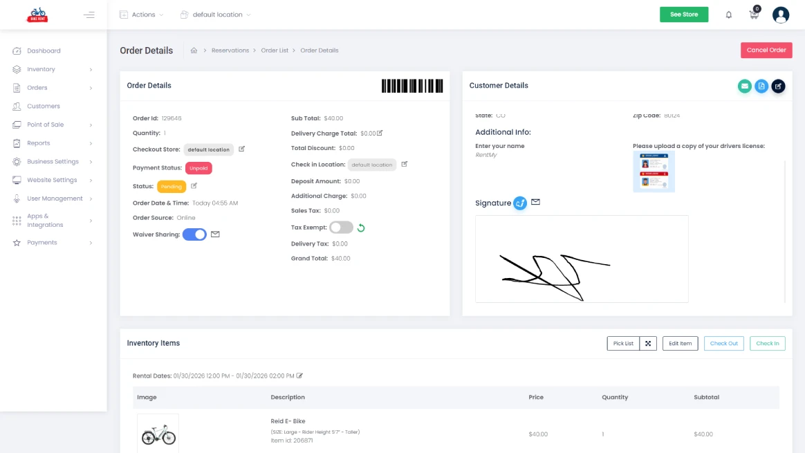 Admin panel showing customer signature for rental waiver
