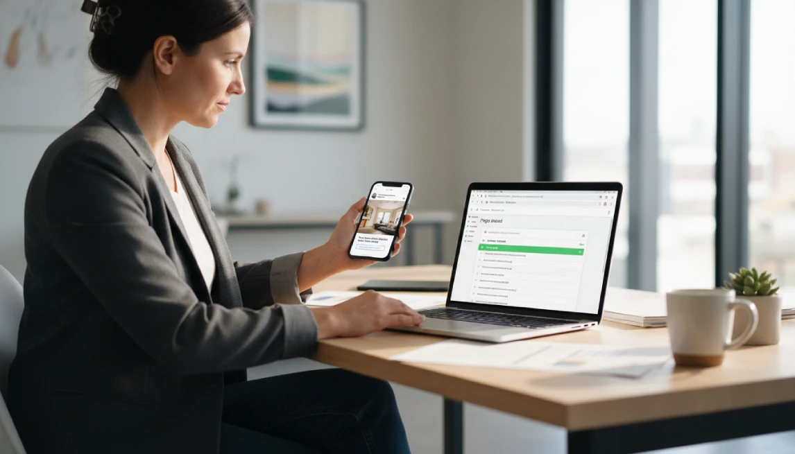 Business professional encouraging faster rental website indexing with external signals