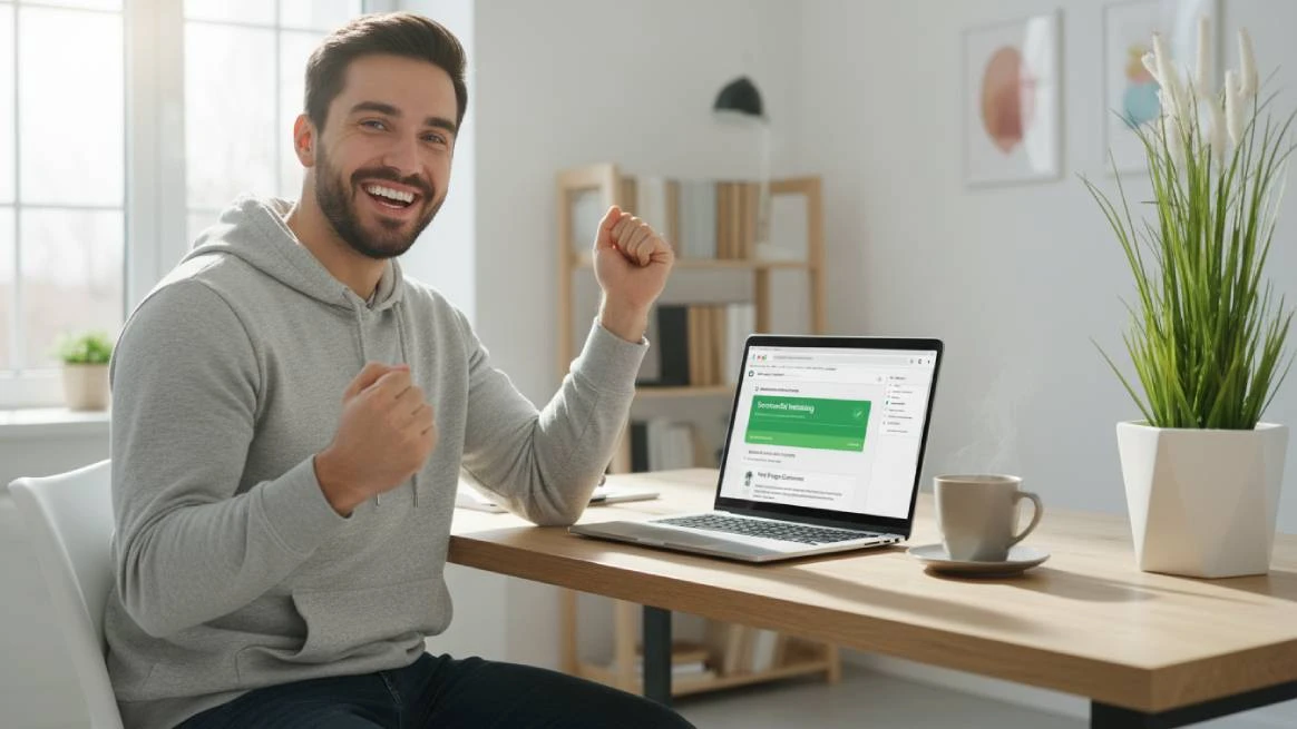 Smiling man celebrating successful rental website indexing