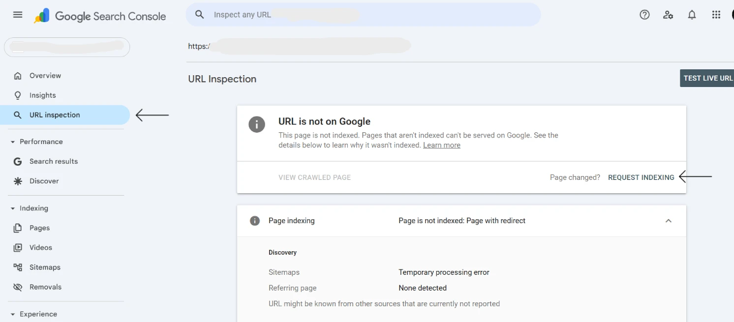 Cursor clicking request indexing button for rental website page