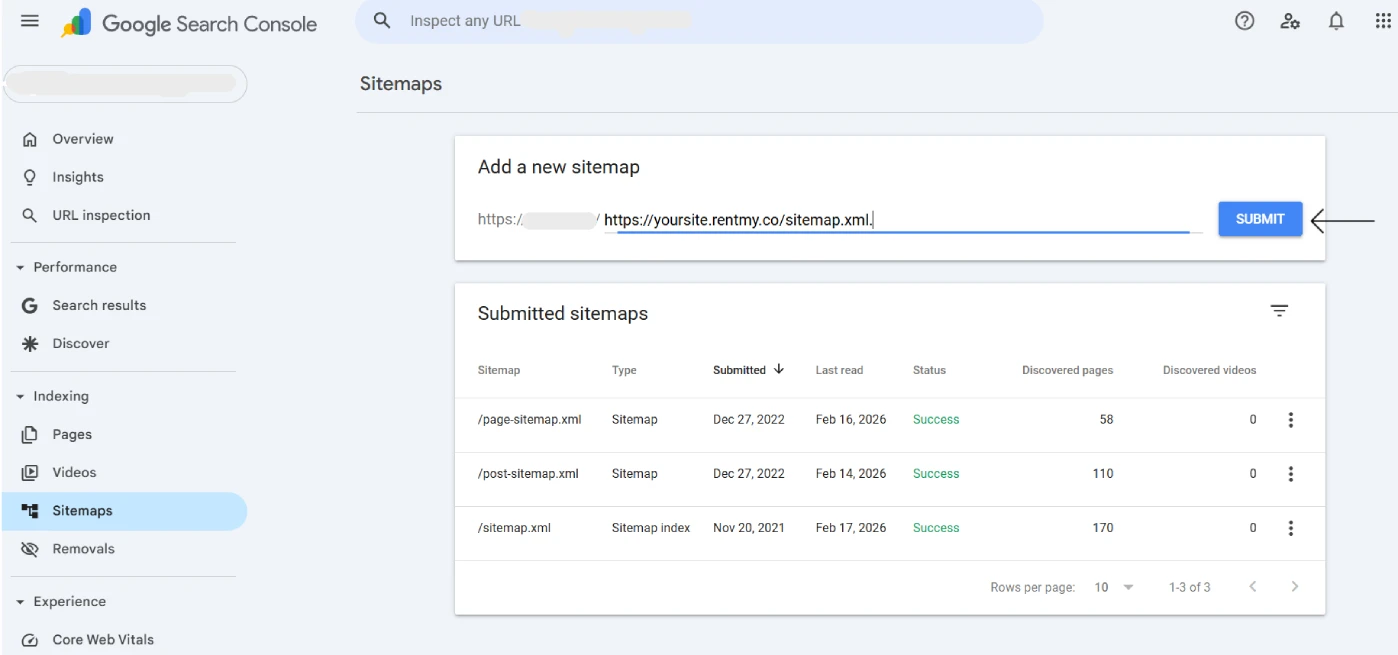 Google Search Console showing rental website sitemap