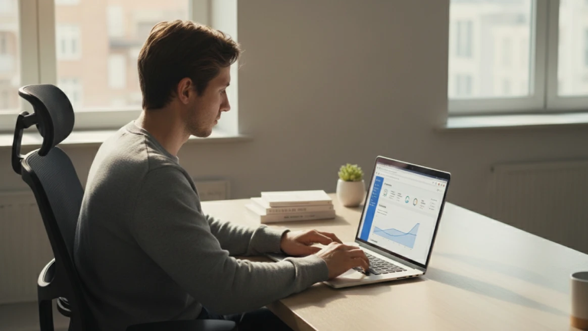Man working on laptop to set up rental website indexing