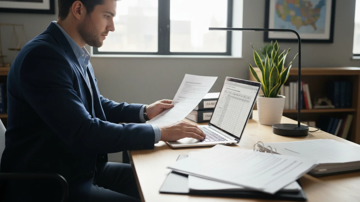 Business professional reviewing state rental waiver requirements