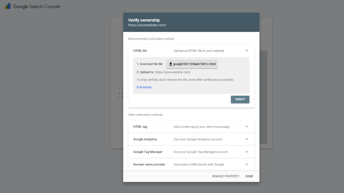Google Search Console verify ownership screen for rental website
