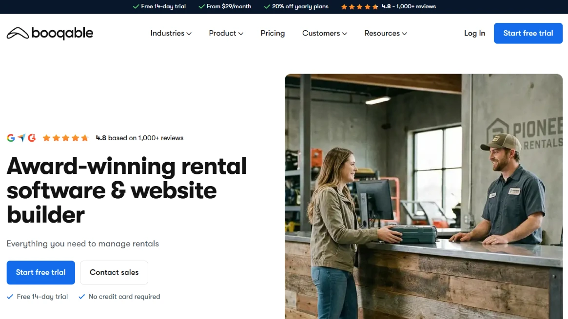 Booqable homepage showcasing equipment rental management software