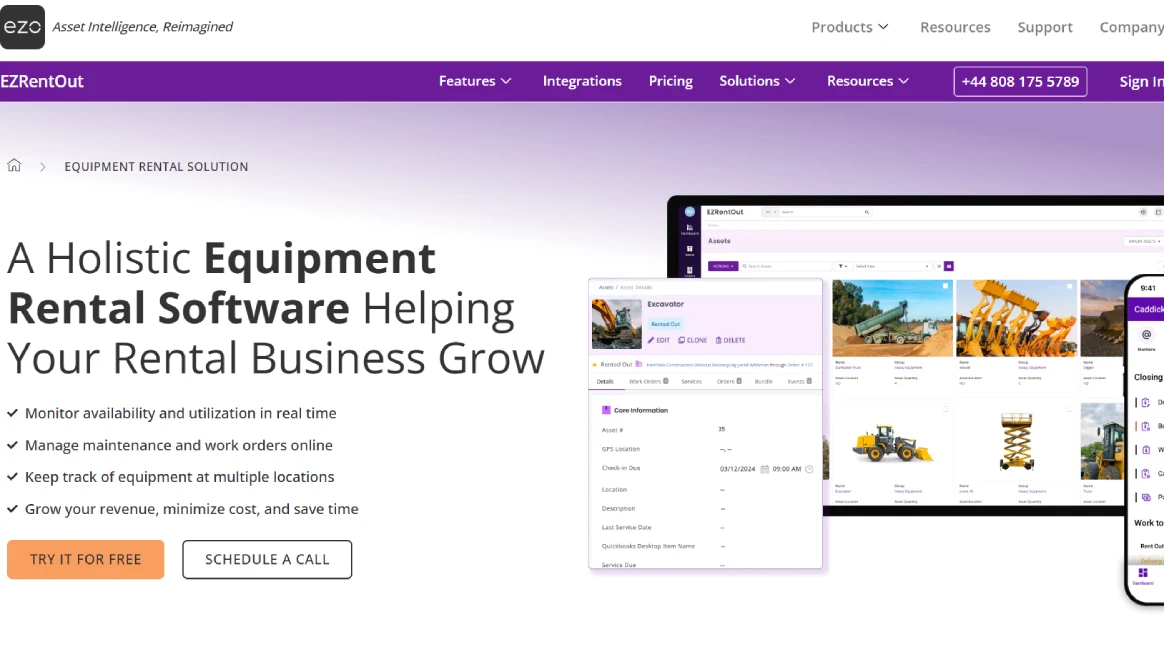 EZRentOut homepage showcasing equipment rental management software
