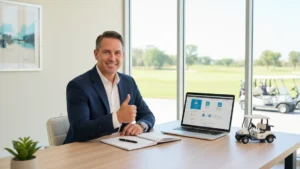 Professional reviewing golf cart rental software dashboard