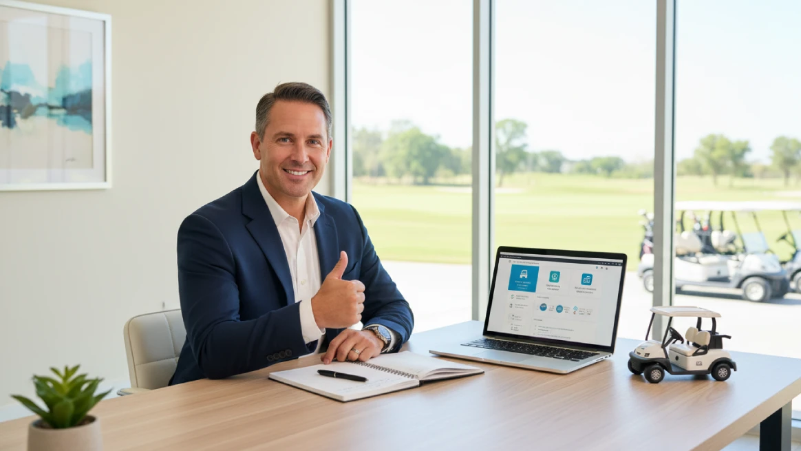 Professional reviewing golf cart rental software dashboard