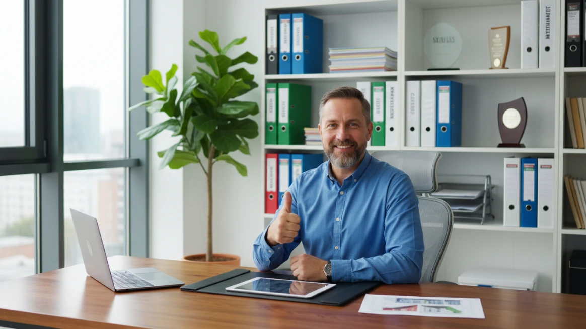 Confident entrepreneur showing positivity in the rental business