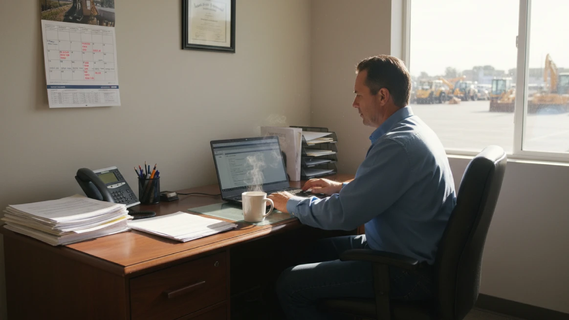 Professional in blue shirt using rental management software