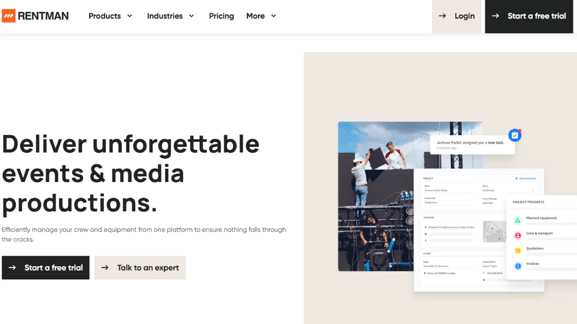 Rentman homepage showcasing equipment rental management software