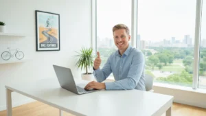 Smiling bike rental business owner at desk with thumbs-up using laptop