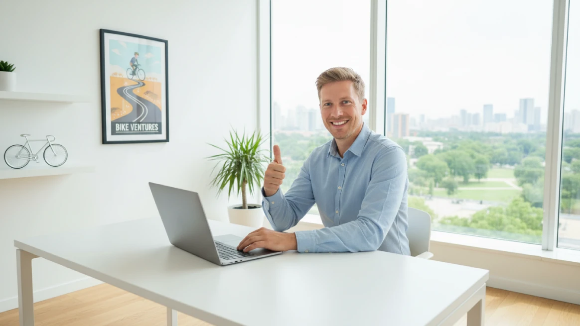Smiling bike rental business owner at desk with thumbs-up using laptop