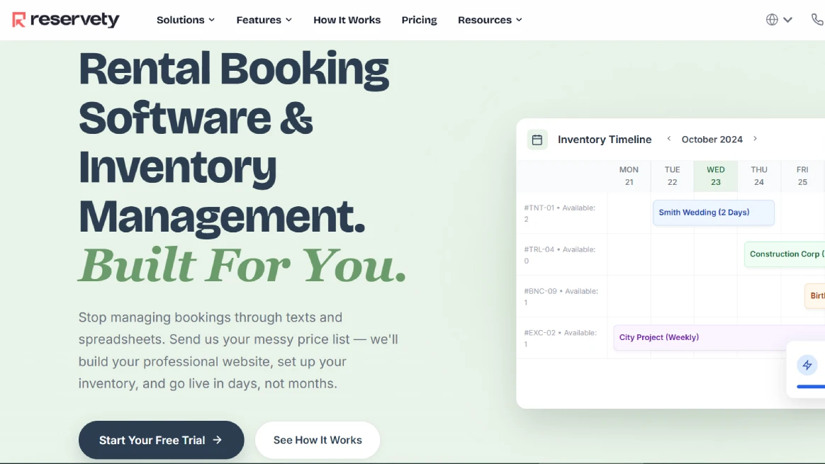 Reservety homepage promoting rental booking and inventory management software