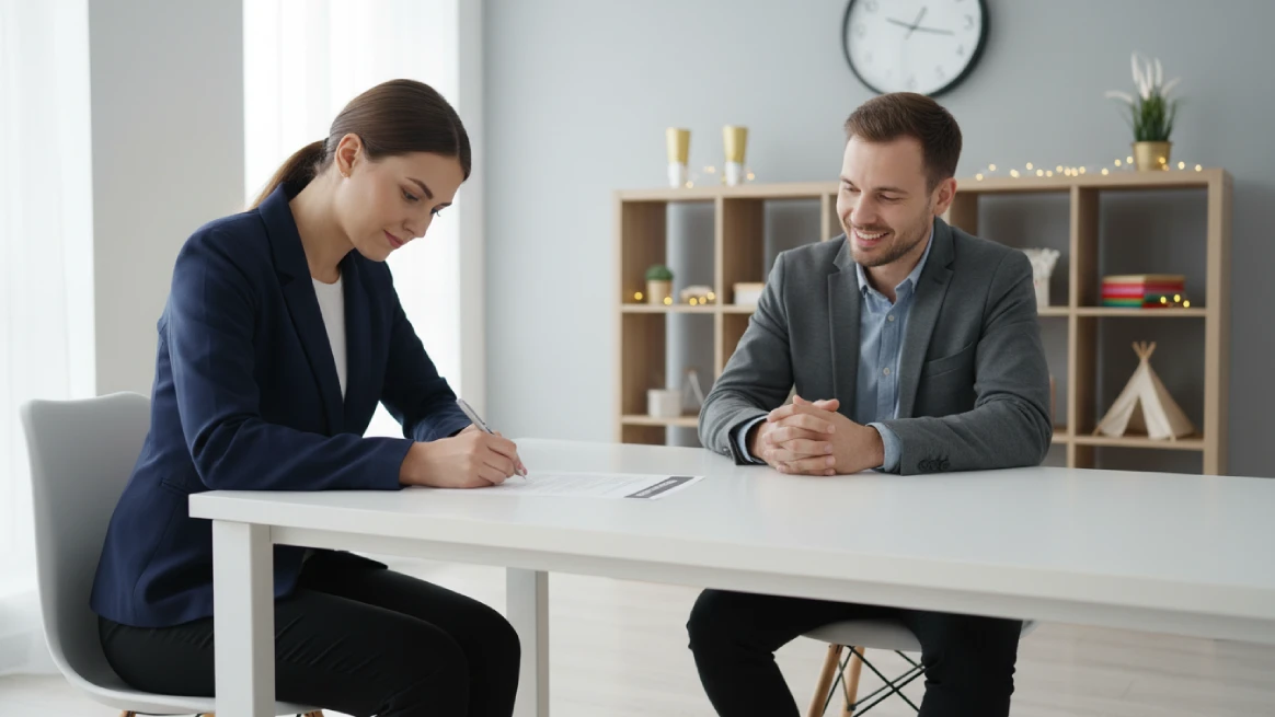 Two people at office table reviewing party rental agreement paperwork