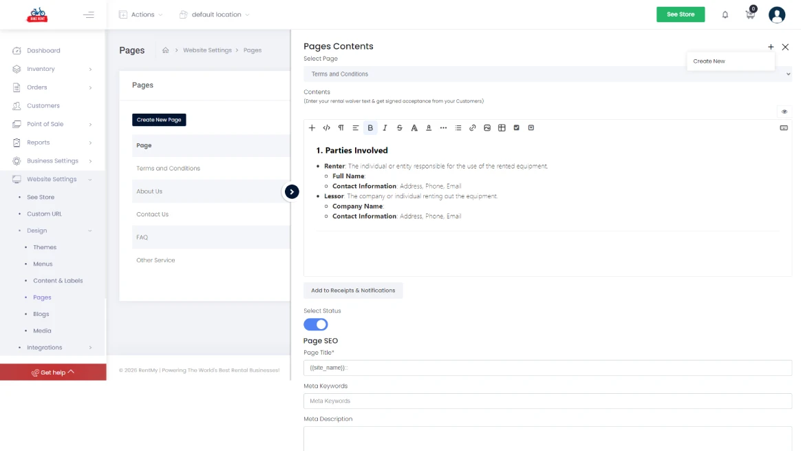 RentMy platform interface showing legal terms setup