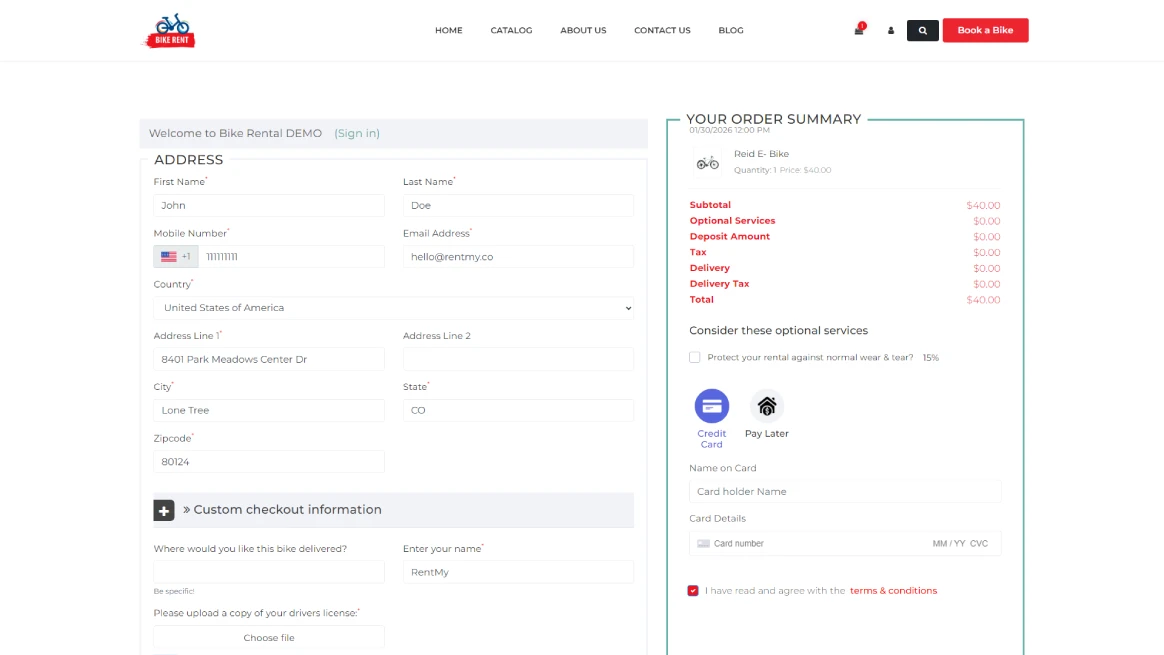 Online rental form displaying signature requirement before completing order