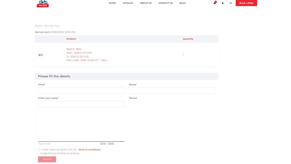 Online rental form collecting renter details with signature box and agreement checkbox